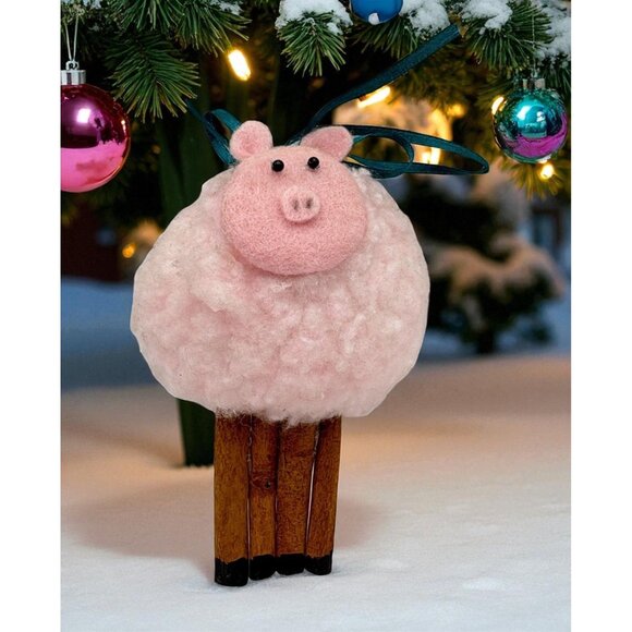 Vintage Pink Pig Christmas Tree Ornament Handmade Farmhouse Rustic Barn Decor - Picture 1 of 7